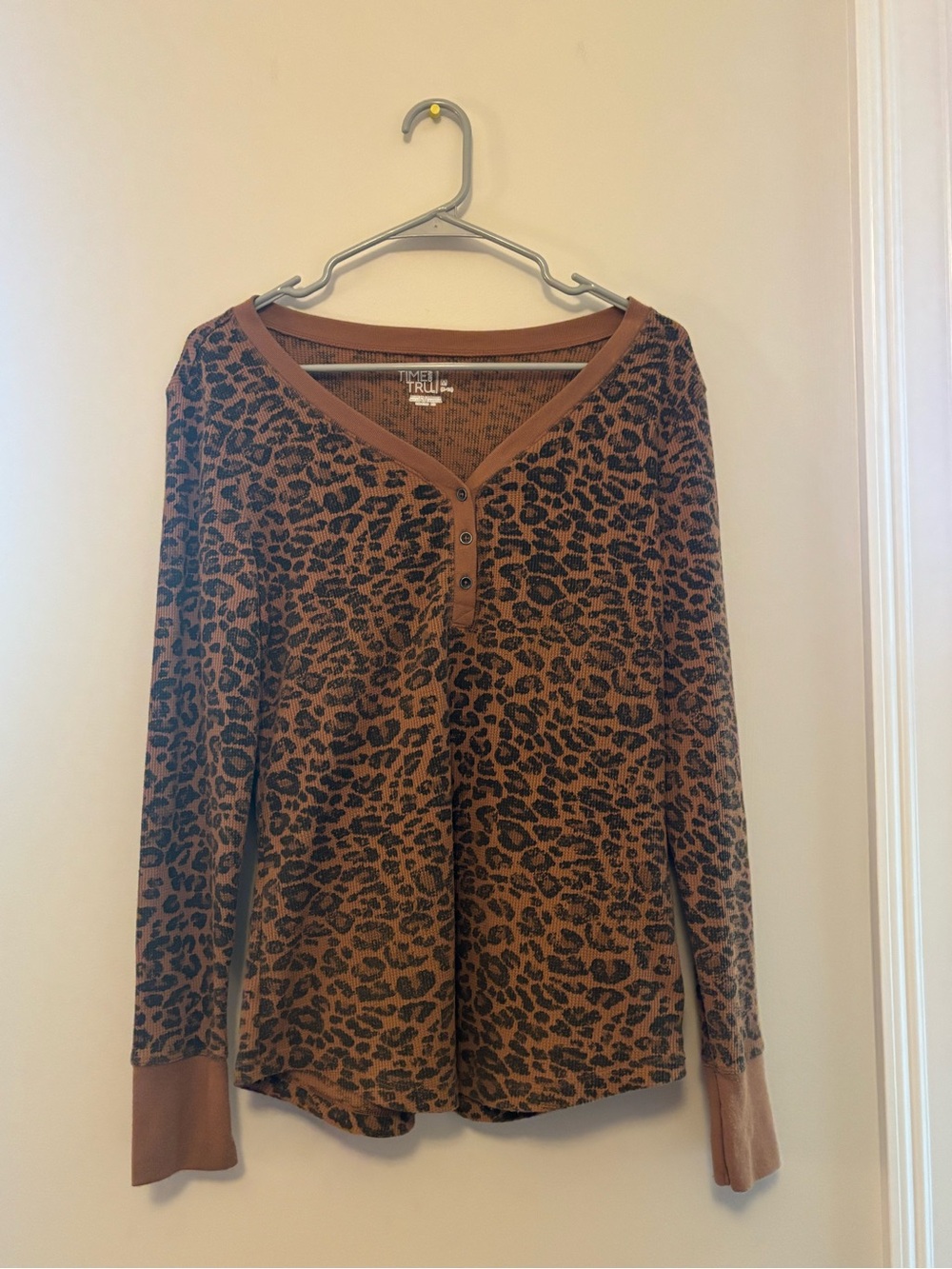 Time and Tru Brown and Black Leopard Print Long Sleeve Henley